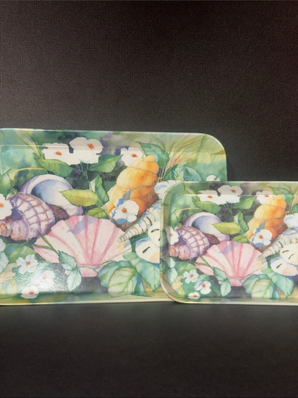 2 Vintage Italian tray set ocean shell floral botanical colorful trinket trays
